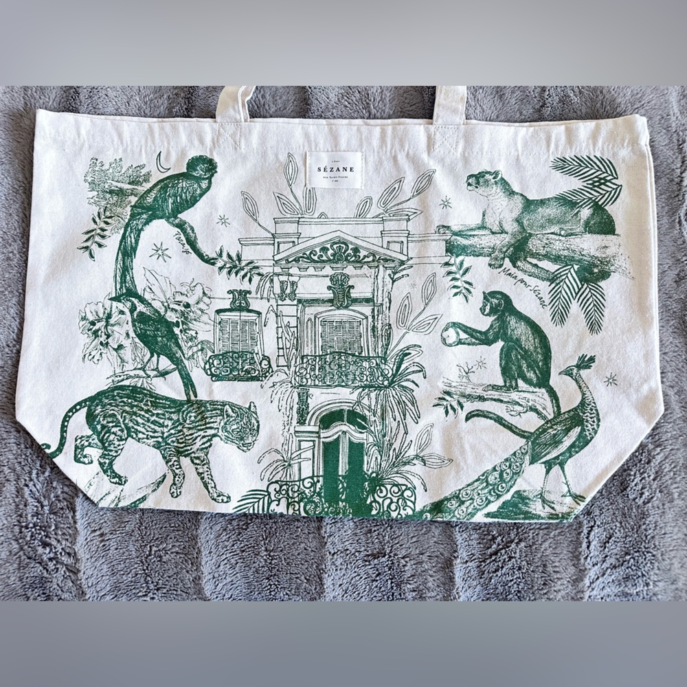 Sézane Green and White Tote Bag